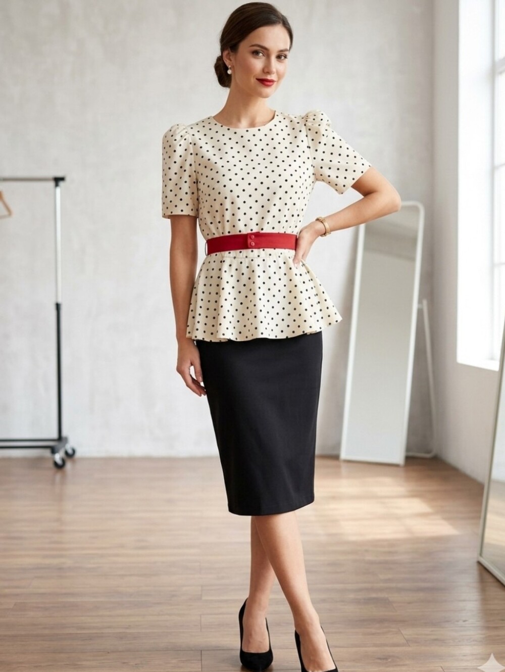 Vintage 1980's Md Peplum Dress Puff Sleeves White Black Polka Dots Belted Retro